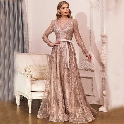 Elegant Rose Gold Mother of the Bride Dress Bow Belt V-Neck Illusion Long Sleeve