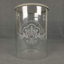 Large Glass Hurricane Candle Chimney Shade w Etched Scrollwork  Galvanized Rim