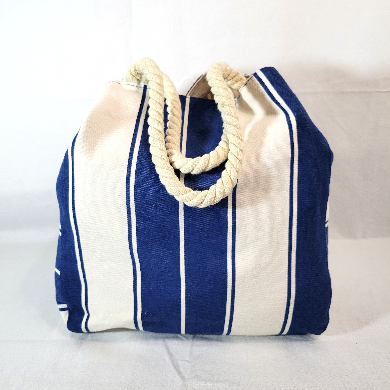 Lancome Blue & White Striped Canvas Tote Bag Rope Handles Summer Beach Bag