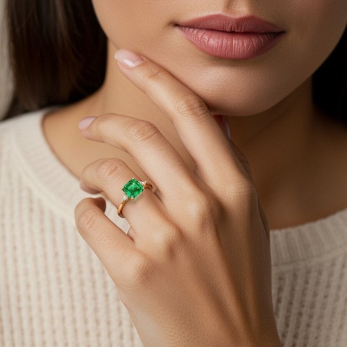 14k Gold Women's 2 Ct Asscher Lab Grown Colombian Emerald & Kite Diamond Ring - Picture 3 of 8