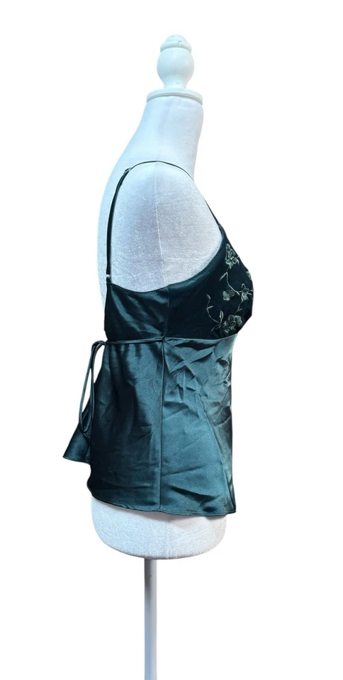 Y2K Green Satin Velvet Floral Embroidered Cami Top Fairycore Romantic Sz M-L - Image 4 of 4
