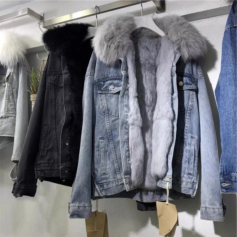 Women Faux Fur Lined Denim Jacket Coat Thick Fluffy Furry Collar Winter Warm - Image 3 of 4