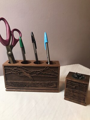 Lasercraft Solid Walnut 2 Piece Desk Set Seagull Pen/Paperclip Holder Vintage