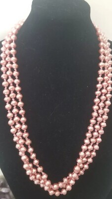 76 inches Lt. Pink Silk Handknotted Vtg. faux Czech Lt. Pink Pearls Necklace