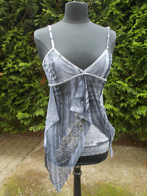 TOP T-Shirt Tanktop Träger LE GATTE SAVE THE QUEEN Gr.1 36/38 grau Stretch