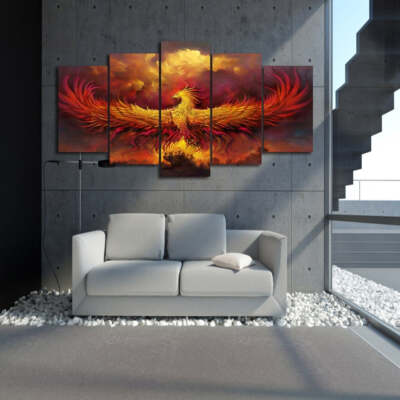 Phoenix Bird Rising Flames Framed 5 Piece Canvas Wall Art Painting ...