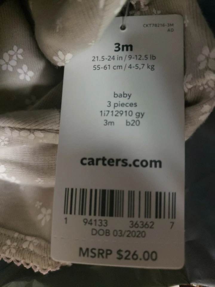 NUEVO Juego de pijama infantil Carter's niñas 3 piezas talla 3 meses pantalón camisa sombrero $26 gris Foto 4 de 4