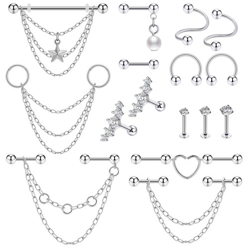 1-16pcs Industrial Barbell Stainless Steel Chain CZ Gems Cartilage Body Piercing - Picture 8 of 13