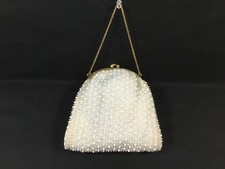 Beaded evening bag, small, white, lined, white and clear beads, clean