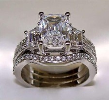 3CT Radiant Cut Moissanite Bridal Set Engagement Wedding Ring 14K White Plated