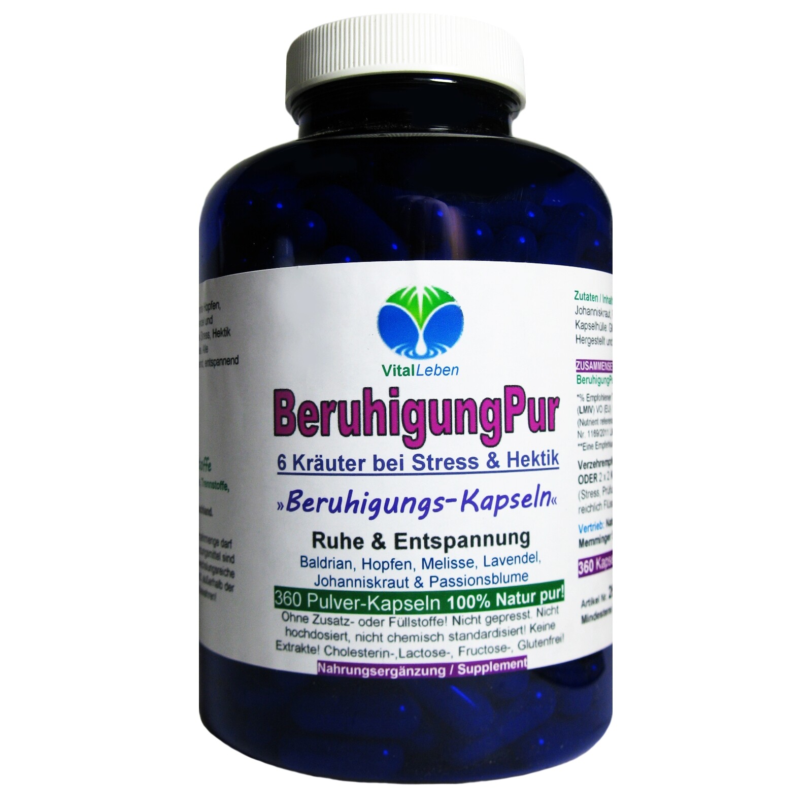 Beruhigung Pur 6 Kräuter 360 Pulver Kapseln bei Stress & Hektik. 26720-360