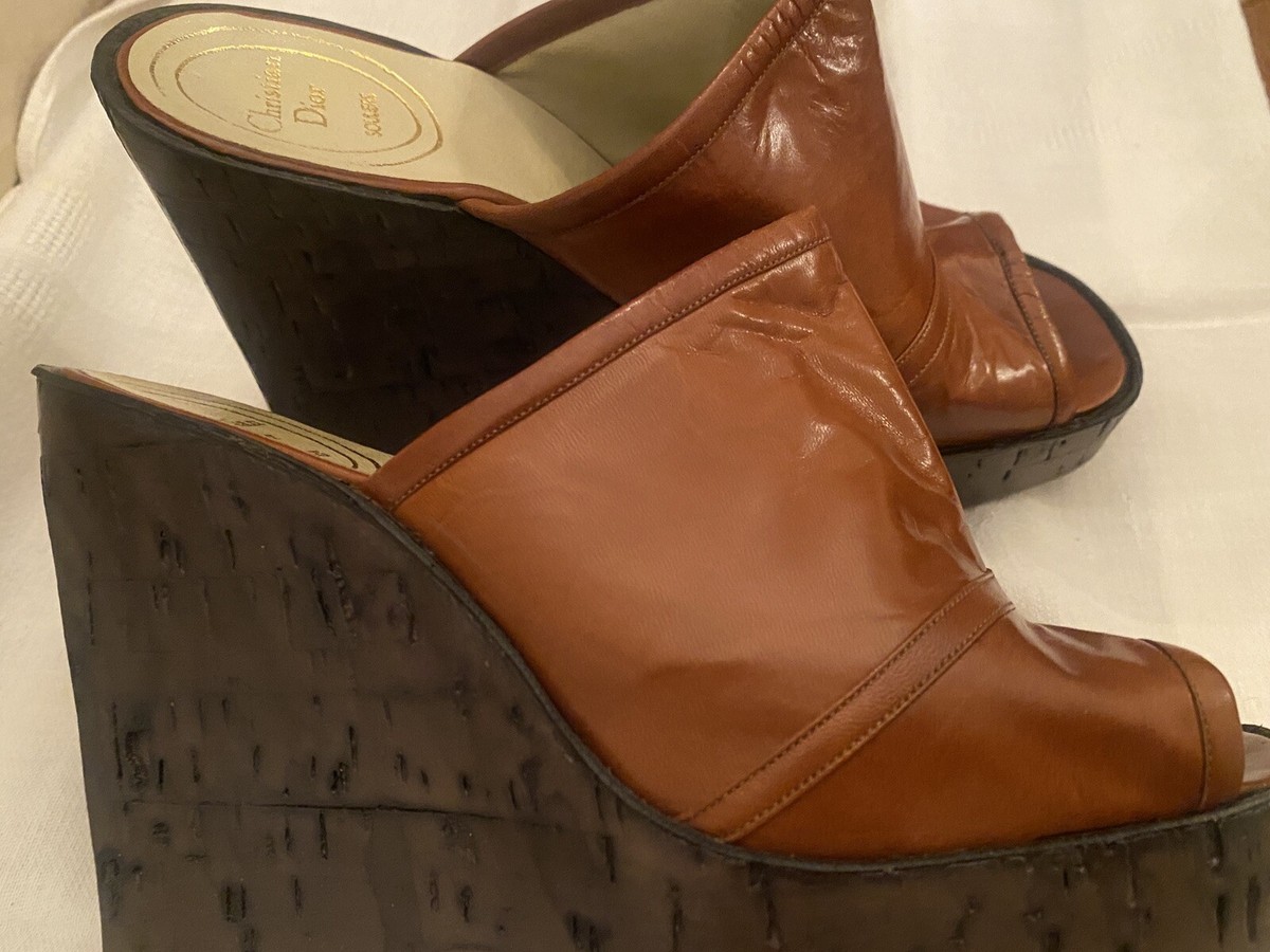 Vintage Rare Christian Dior Souliers Brown Leather Cork Slides