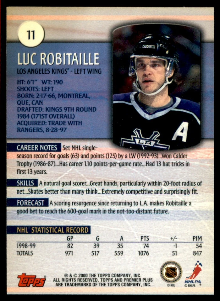 1999-00 Topps Premier Plus Luc Robitaille #11 - Image 2 of 2