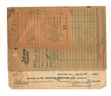 1946 receipts El Dorado Brewing Co. and John H. Eagal cars, Stockton, California