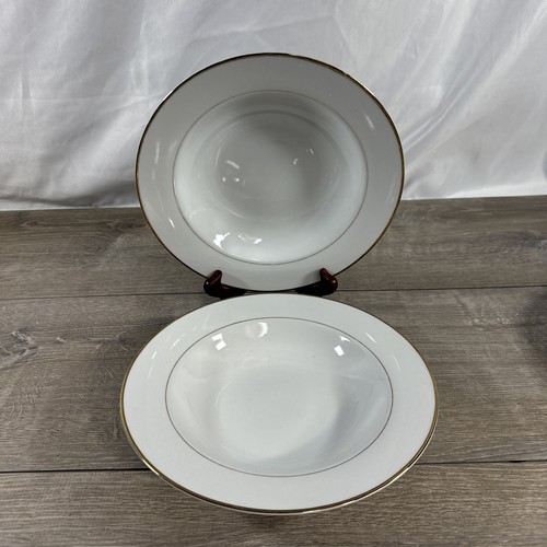 2 JC Penny Home Collection 9” Soup Bowls White Gold Rim Pattern