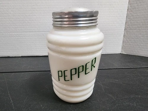Vintage Hazel Atlas White Milk Glass Bee Hive Ribbed Pepper Shaker - Green Text