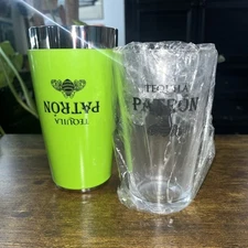 Patron Tequila Boston Shaker 2 Piece Set Stainless/Glass New Bee Logo