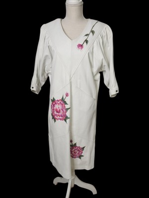 Vintage M Medium Women's White Leather Dress Hand Painted Fancy Nancy Roses Rare