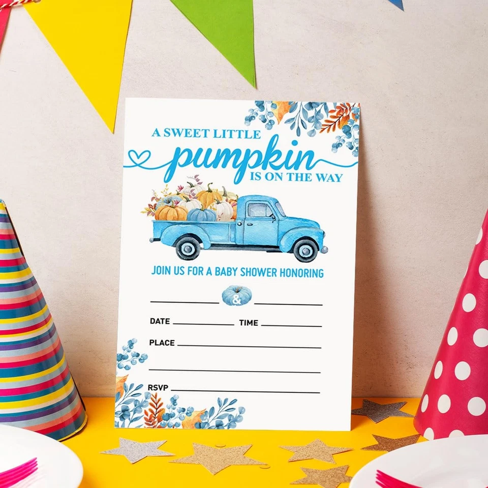 Invitaciones de fiesta de baby shower de calabaza de otoño para niños invitaciones de fiesta de camión azul... Foto 3 de 4