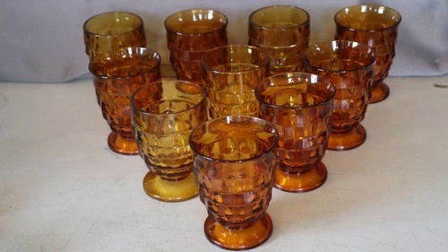 Set of 10 Vintage Indiana Glass Whitehall Amber Footed Juice Glasses 4" Cubist