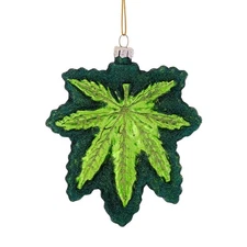CANNABIS CHRISTMAS TREE ORNAMENT 4.5" Glass Green Glitter Pot Leaf Marijuana NEW