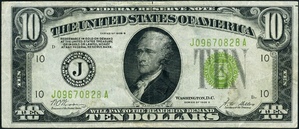 FR. 2002 J $10 1928-B Federal Reserve Note Kansas City J-A Block LGS VF+ - Image 2 of 3