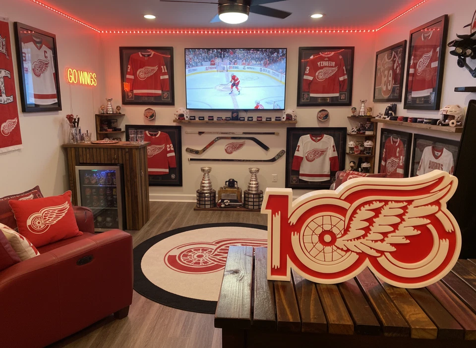 3D-знак Detroit Red Wings хоккей к 100-летию -- мужская пещера полка дисплей - Изображение 4 из 4