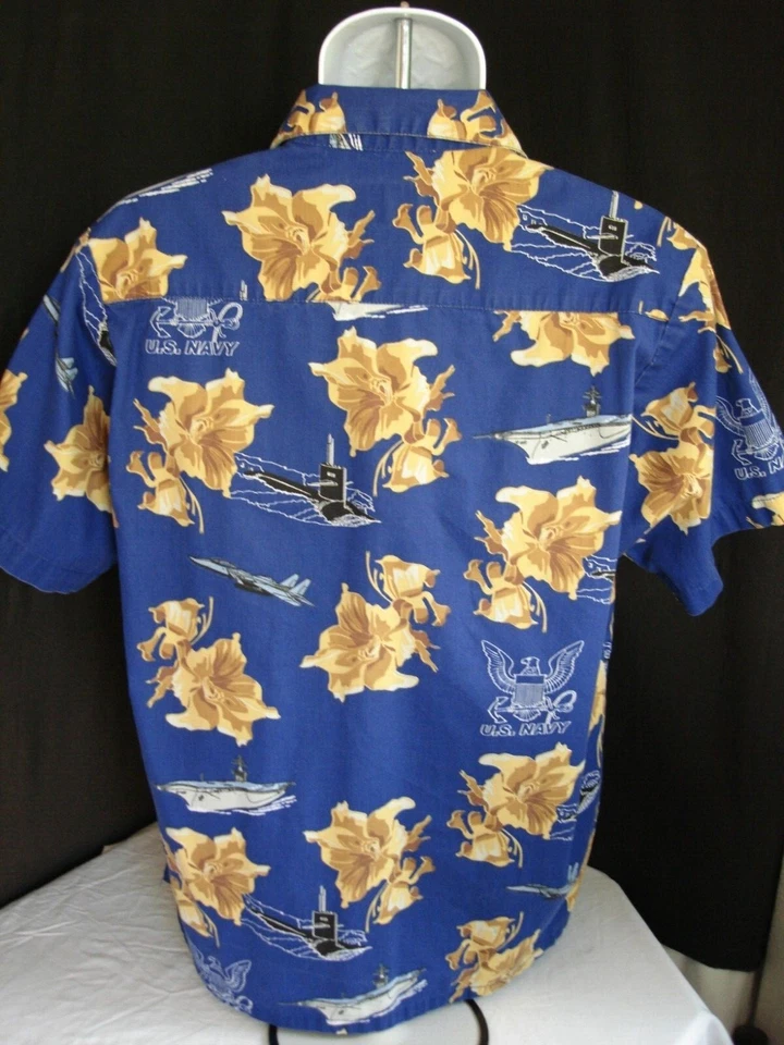 Kamp Shirt NAVY  Blue/Beige Cotton/Polyester S/S Hawaiian Shirt Sz. L - Image 4 of 4
