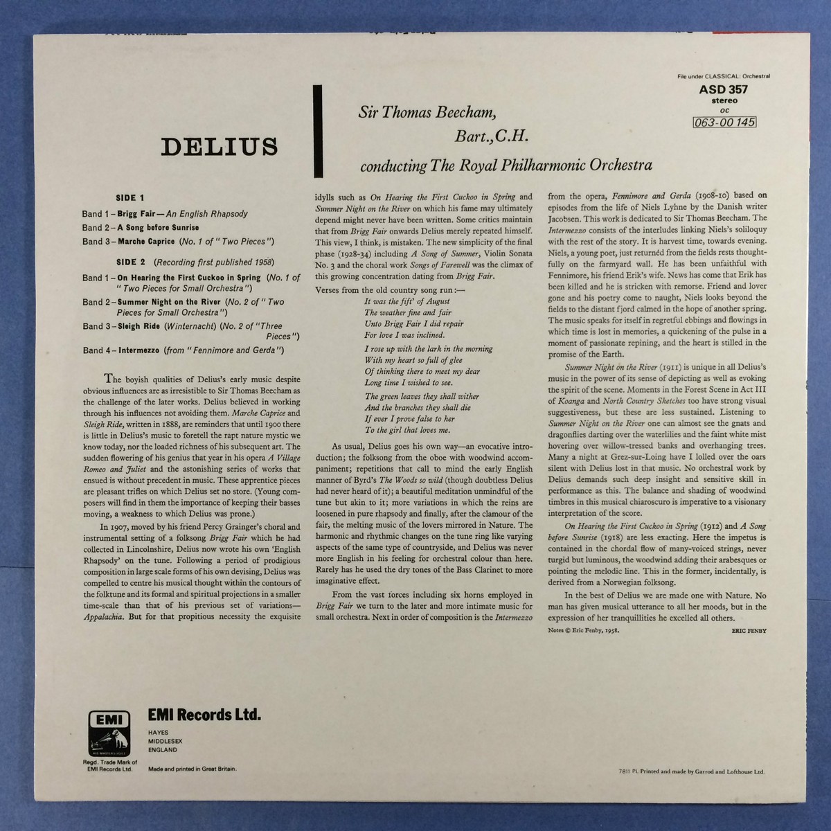英LP トーマス・ビーチャム, ロイヤル ディーリアス作品集 ASD357 HMV /00260 Delius - Sir Thomas Beecham - Royal Philharmonic Orchestra