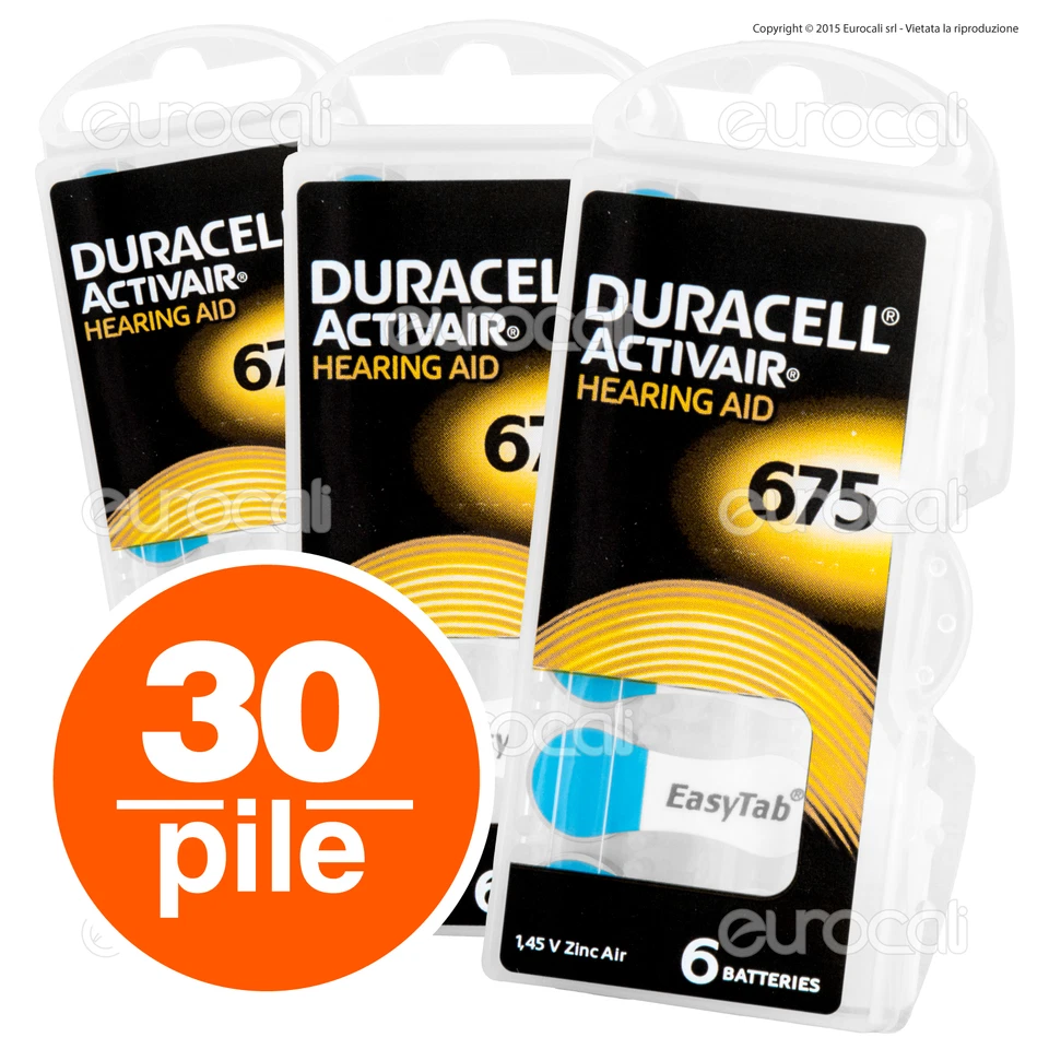 30 Batterie PILE Duracell 675 per Apparecchi PROTESI Acustiche PR44 phonak