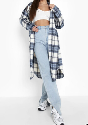 Boohoo tall longline Check Shacket Blue UK10 US6