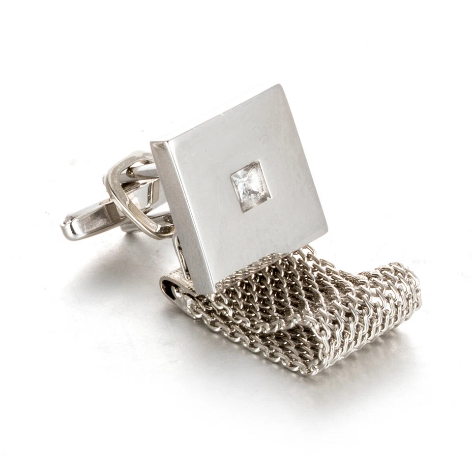 Gemelos cuadrados de plata para boda piedra gemelos cadena gemelos alrededor de malla par Foto 3 de 4