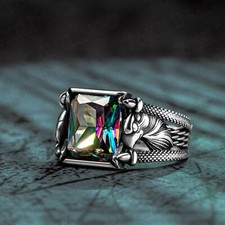 Solid 925 Sterling Silver Blue Mystic Topaz Stone Turkish Eagle Men's Ring