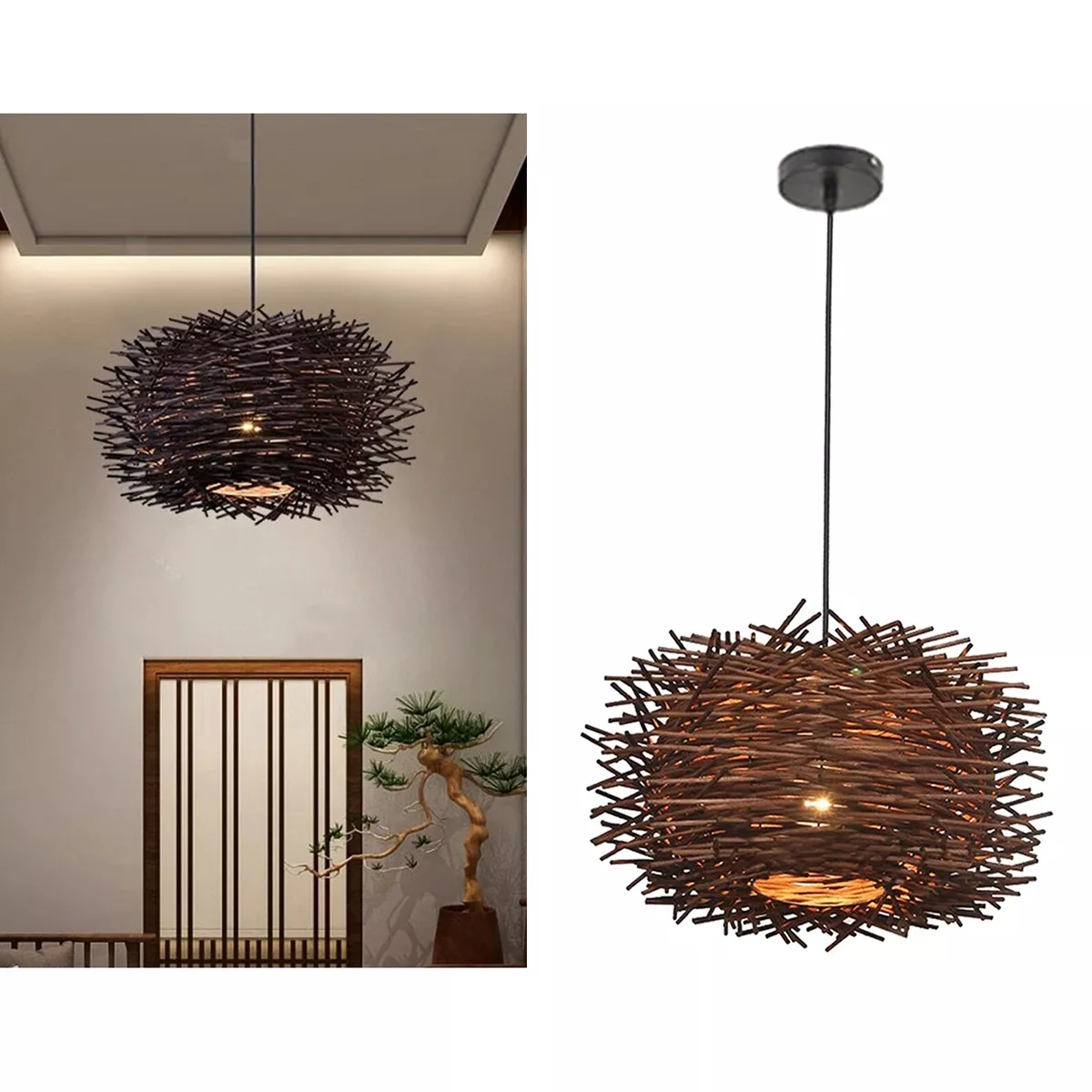 Rattan Design Pendant Light Fixture Bird Nest Hanging Lamp Farmhouse Coffee