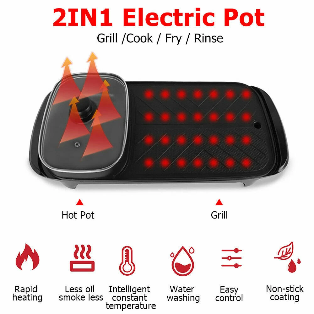 2in1 Electric Hotpot BBQ Grill Oven Smokeless Barbecue Pan Hot Pot Cooking Party - Picture 2 of 11