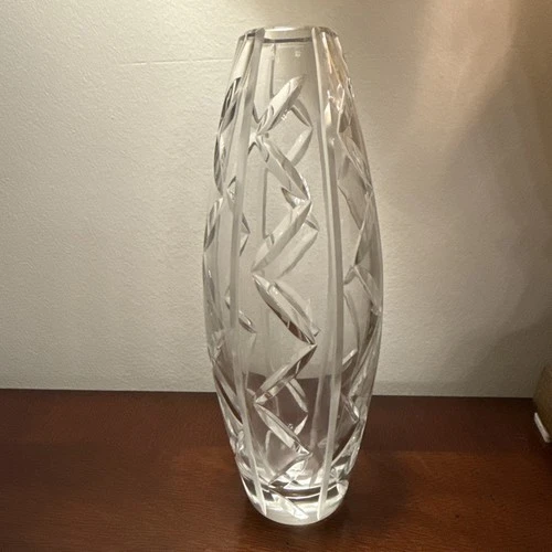 Vintage Waterford Crystal 8.75” Vase Etched Zigzags & Vertical Lines Signed