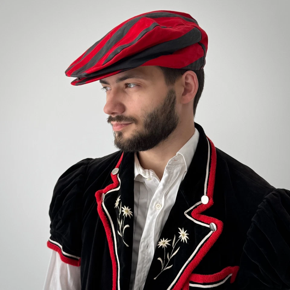 Gorra plana retro a rayas rojas europeas vintage de los años 60 para hombre Foto 2 de 4