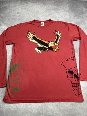 Ed Hardy Y2K Shirt Mens 2XL Red Long Sleeve Eagle Skull Tattoo  Made in USA