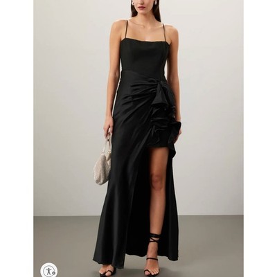 Cinq a Sept Black Slip Gown SIZE 4 Satin Maxi Dress Ruffle Formal Bustier $700