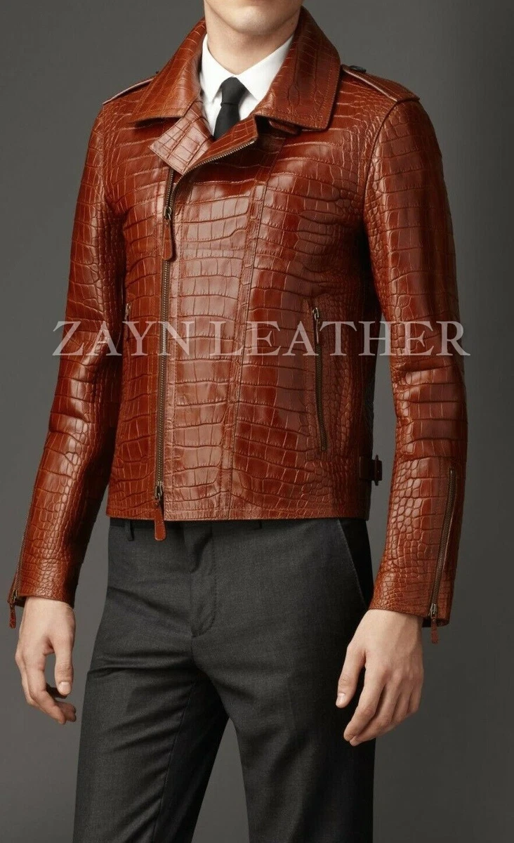 Men s Crocodile Embossed Print Real Leather Jacket Caf Racer