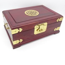 Vintage Large Chinese Redwood Jewellery Box Brass Trim