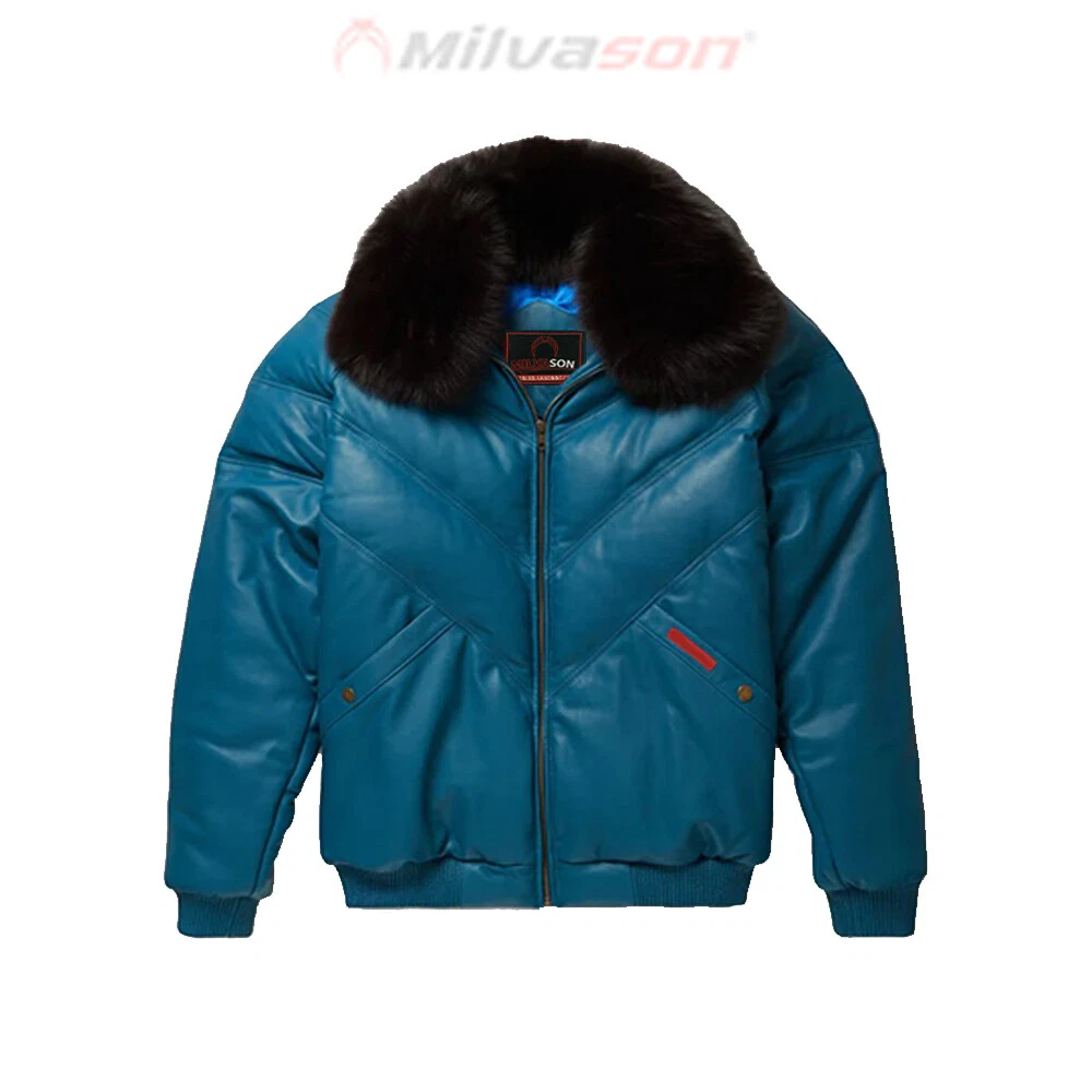 Men's Leather Jacket with Fox Fur Collar - Bubble Blue Leather V-Bomber Jacket