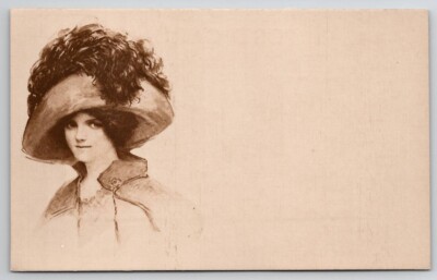 Pretty Woman Large Hat Sweet Face Sketch Style Portrait Postcard H22
