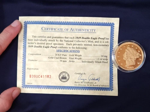 1849 Double Eagle Proof $20 Coin 24 KT Pure Gold Clad Bronze with COA