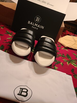 $795 Balmain Men's Black B-It Monogram-Printed Leather Slides Size