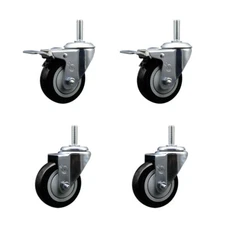 3.5 Inch Black Poly Swivel 3/4 Inch Threaded Stem Caster Set 2 Total Lock Brakes