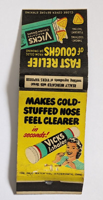 VICKS COLD RELIEF ADVERTISING MATCHBOOK COVER VINTAGE RETRO COUGH DROPS PAPER