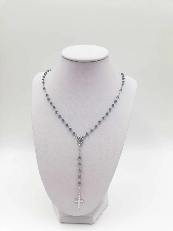 COLLANA A ROSARIO IN ARGENTO 925 RODIATO IN ORO 18KT E PIETRE CELESTI - Immagine 2 di 4