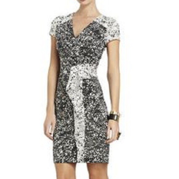 BCBG MAXAZRIA★Geometric print patchwork lapel tie dressBC15 NEW BCBG MAX AZRIA DARK INK COMBO WILLA LACE DRESS ZMK6X607