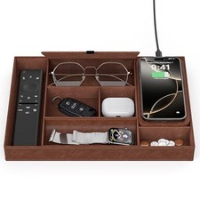 Leather Valet Tray with Wireless Charging Pad - Luxury EDC Nightstand Brown